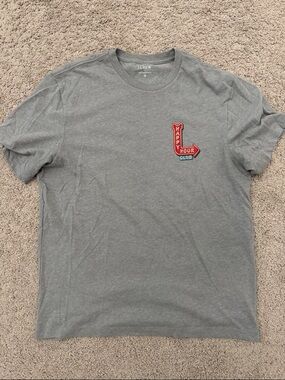J. Crew Factory Gray Short Sleeve Tee with Red 'Happy Hour' Patch